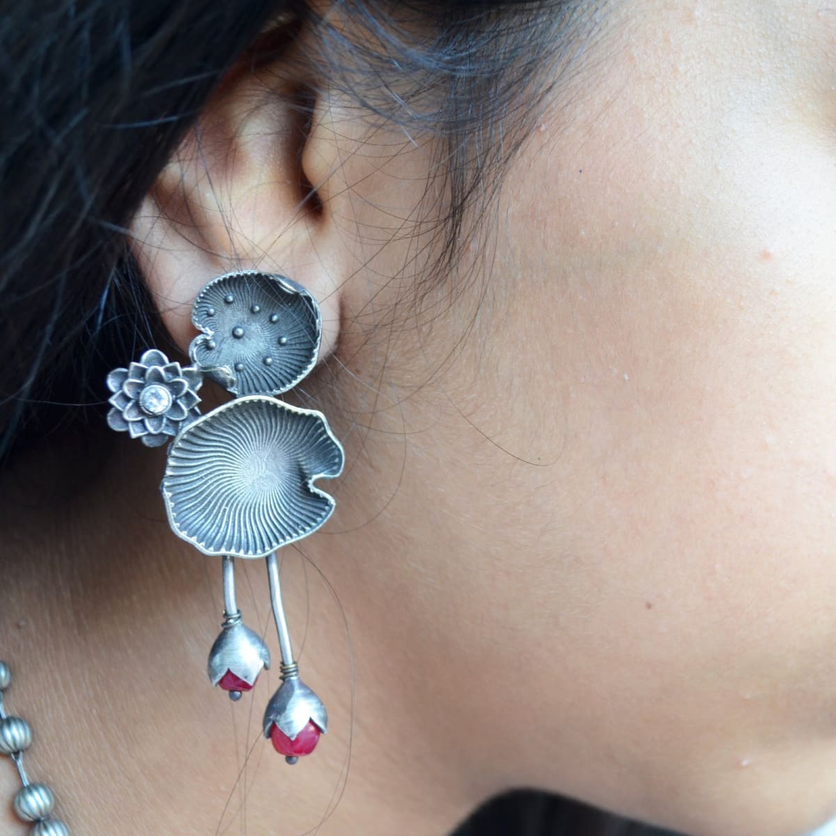 Oxidized Silver Plated Lotus Earrings With Pink Ruby Stones Indian