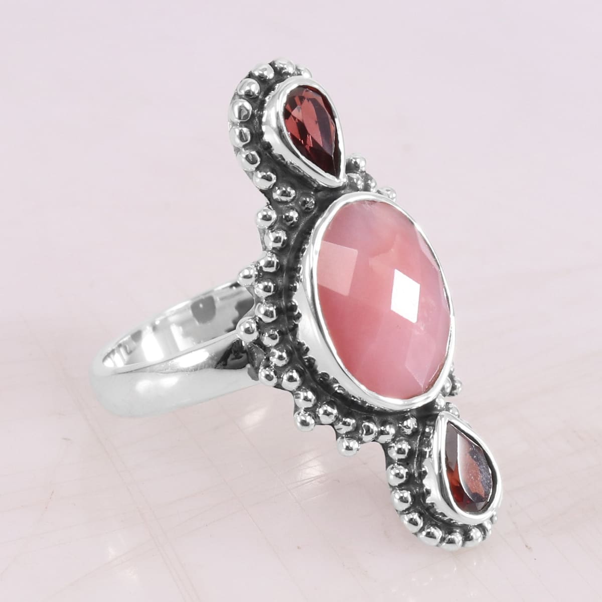 October Birthstone Silver Pink Opal Ring