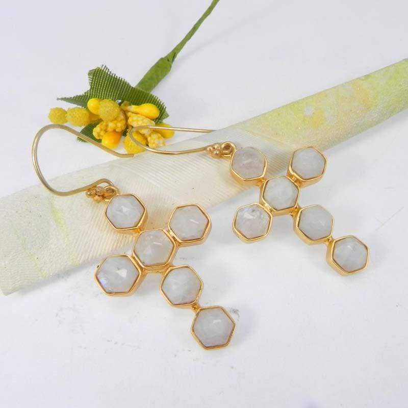 Rainbow Moonstone Gold Plated Cross Designer Bezel Dangle Earrings —  Discovered