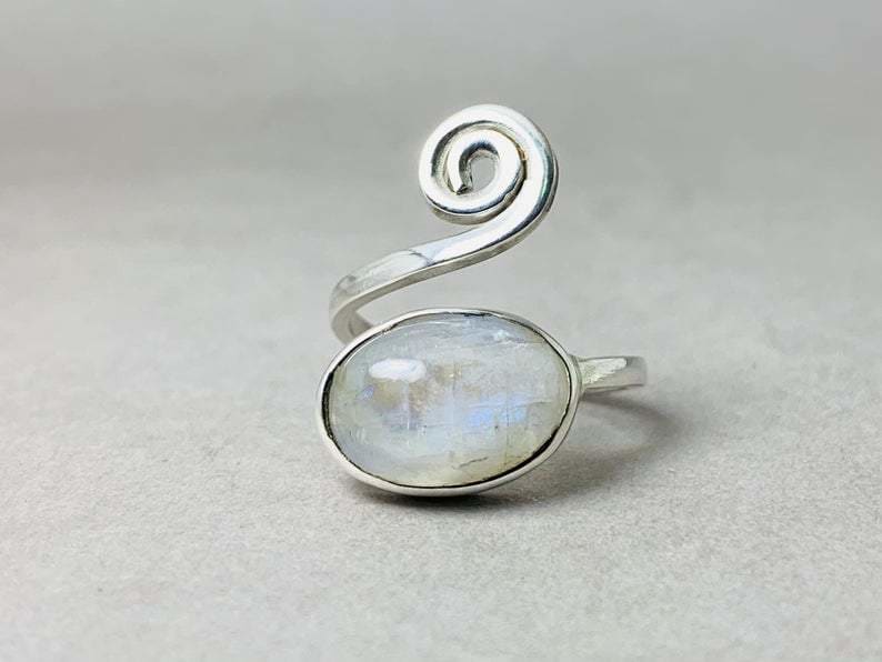 Boho Rainbow Moonstone Sterling Silver Ring Gift for Women