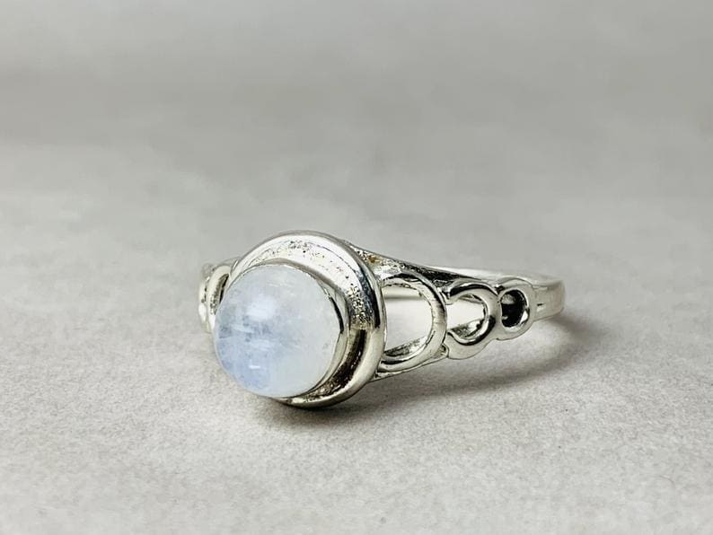 Rainbow Moonstone Ring 925 Sterling Silver Ring Round Moonstone