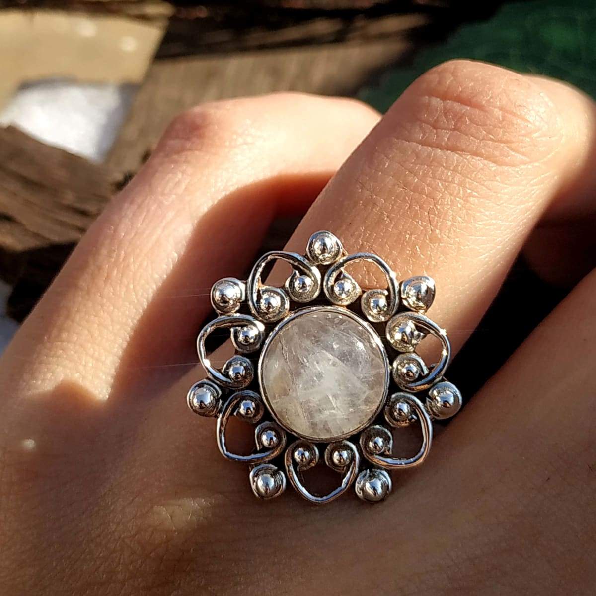 Rainbow Moonstone Ring, Sterling Silver Rings for Women, Boho Simple Ring ,  Flower Designer Ring, Birthstone Gemstone Ring Jewelry, Nickel Free