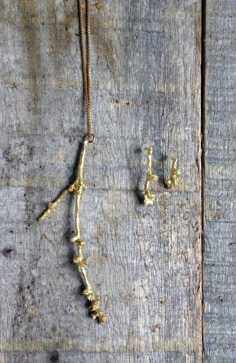 real branch necklace, satin gold bras, long chain, perfect gift for a  special person, nature inspired, hand made, forest inspiration, twig
