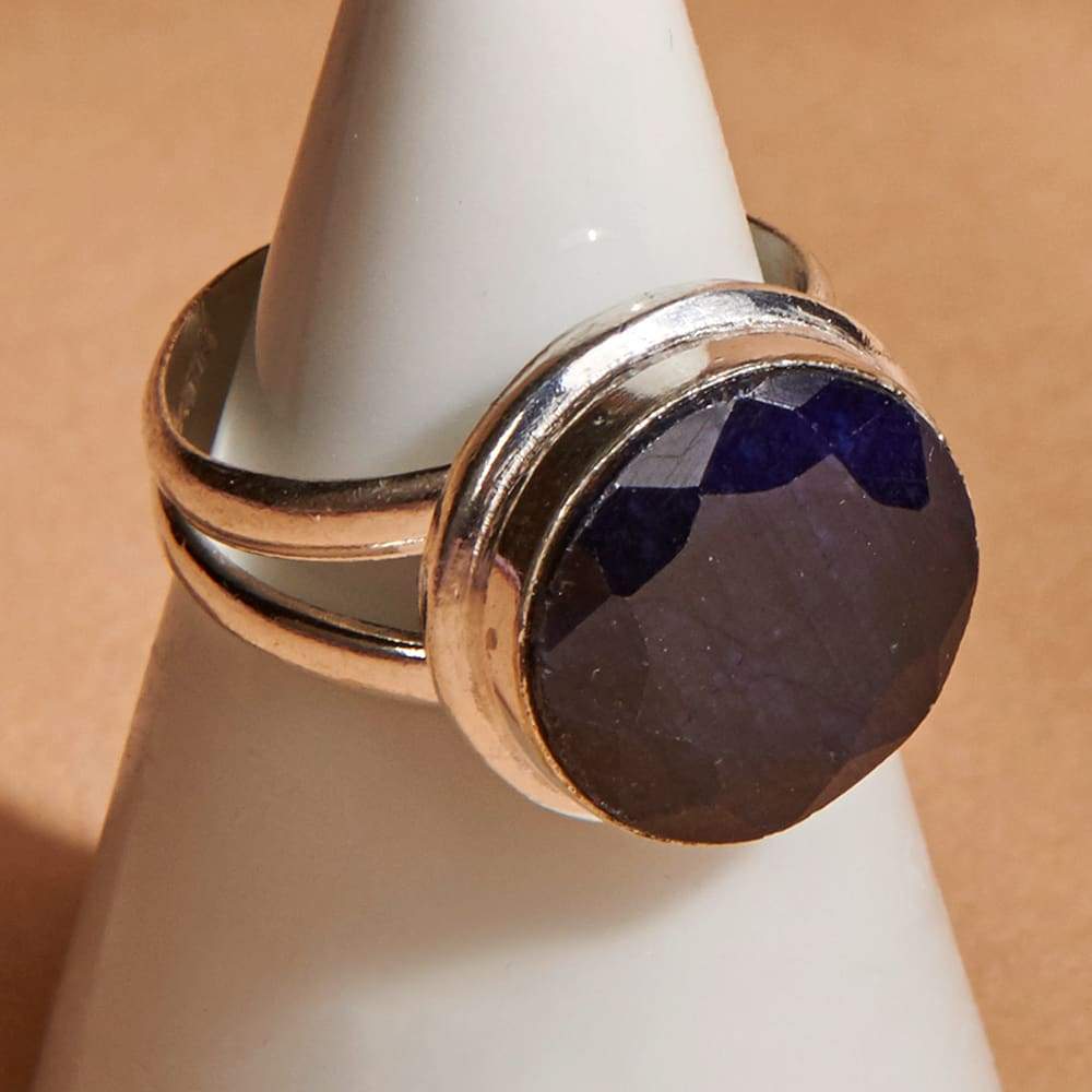 Round Faceted Blue Sapphire Gemstone 925 Sterling Silver Ring