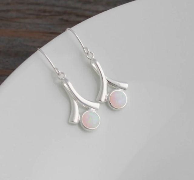 Silver Wishbone and Opal Sterling Silver Fishhooks Earrings,Silver Ribbon Opal