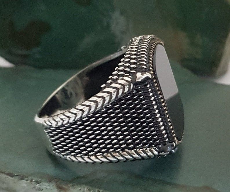 Black Ring for Men Pure 925 Sterling Silver Ring Rectangel 