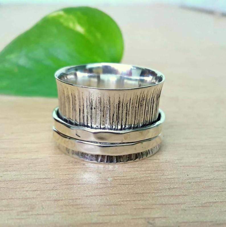 unisex spinner ring 925 sterling silver jewelry textured meditation anxiety 3 tone fidget hammered worry yoga spinning band handmade inishacreation discovered 992