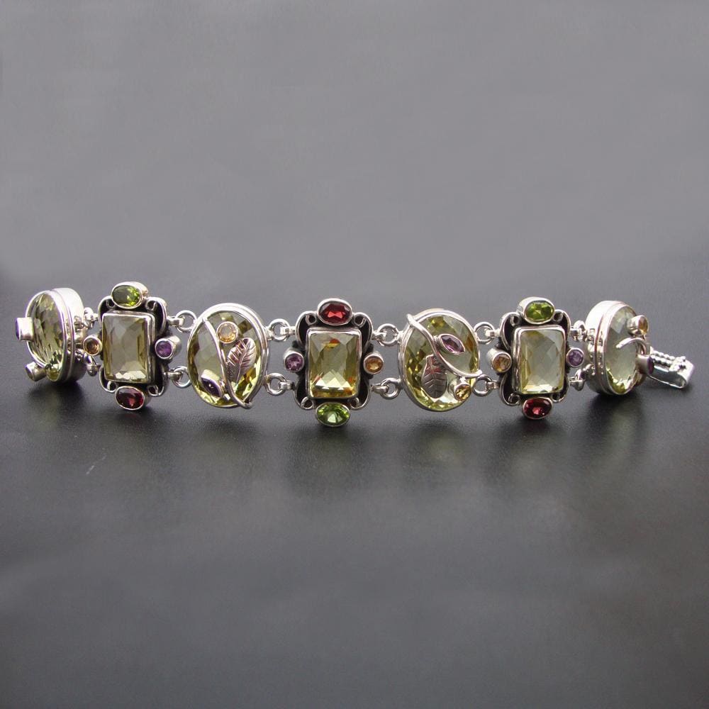 Sterling Silver Multigem Link Bracelet with Garnet Amethyst