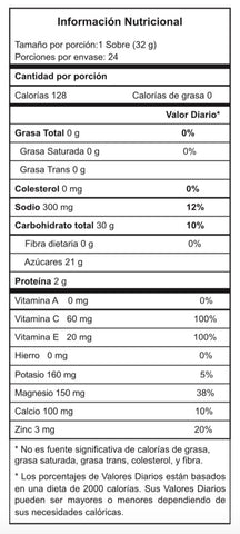 tabla nutricional bebida hidratante energizante para deportistas en sobre