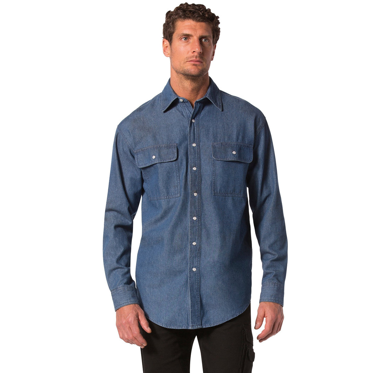 Men's Long Sleeve Cotton Denim Work Shirt With A Snap Front - Denim ...