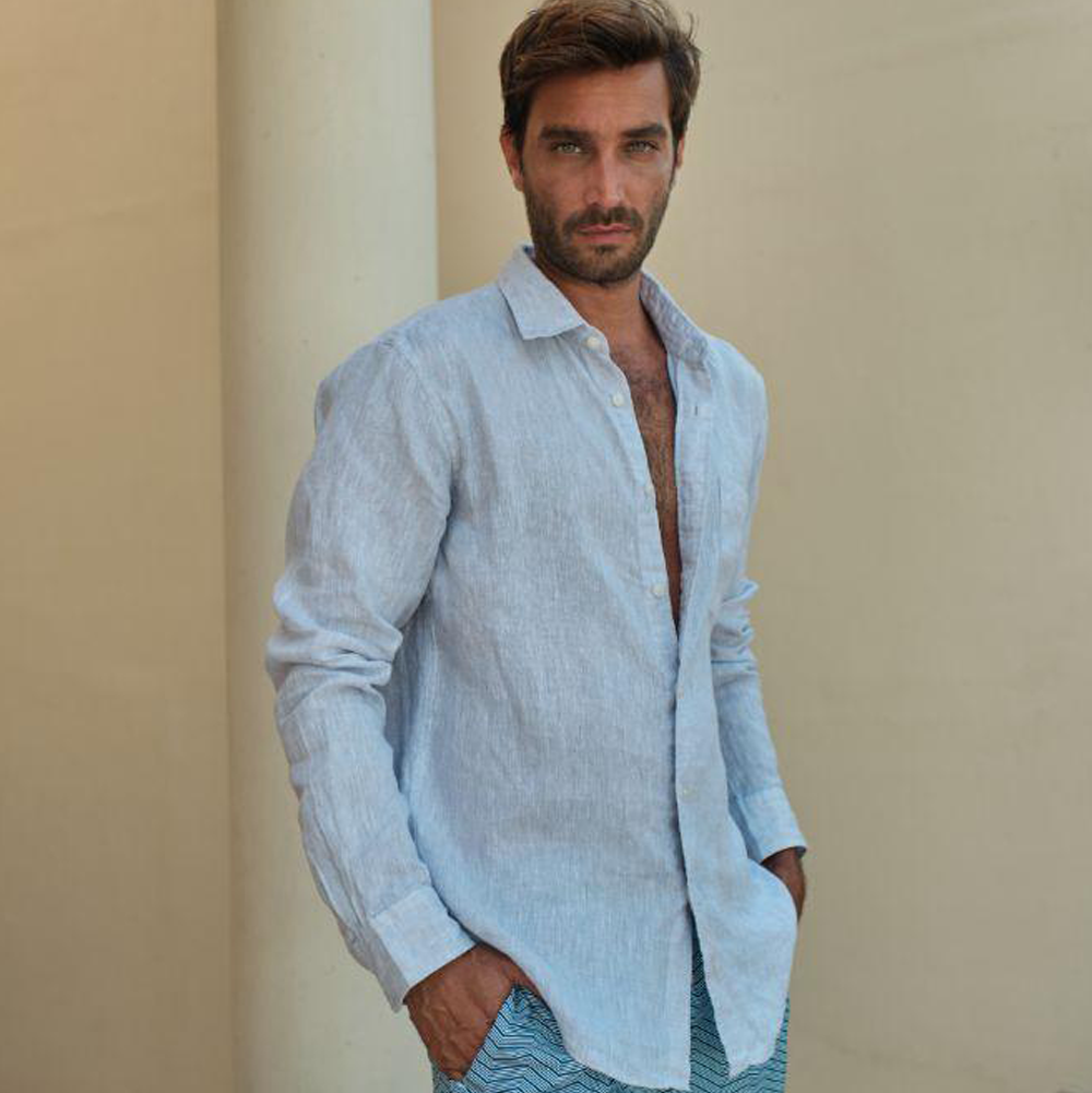 100% Linen Long Sleeve Shirt - Light Blue