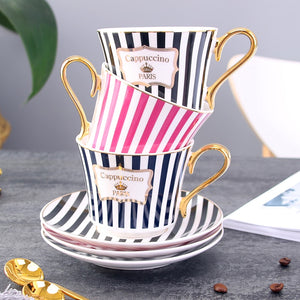 Concise Stripe Bone China Coffee Cup Saucer With Gold Spoon Elegant Ceramic Paris Tea Cup 225ml Porcelain Teacup Cafe Drinkware