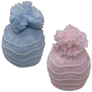 HAT1106-1: BABY WAVY KNIT POM HAT WITH FUR LINING (0-6 MONTHS)