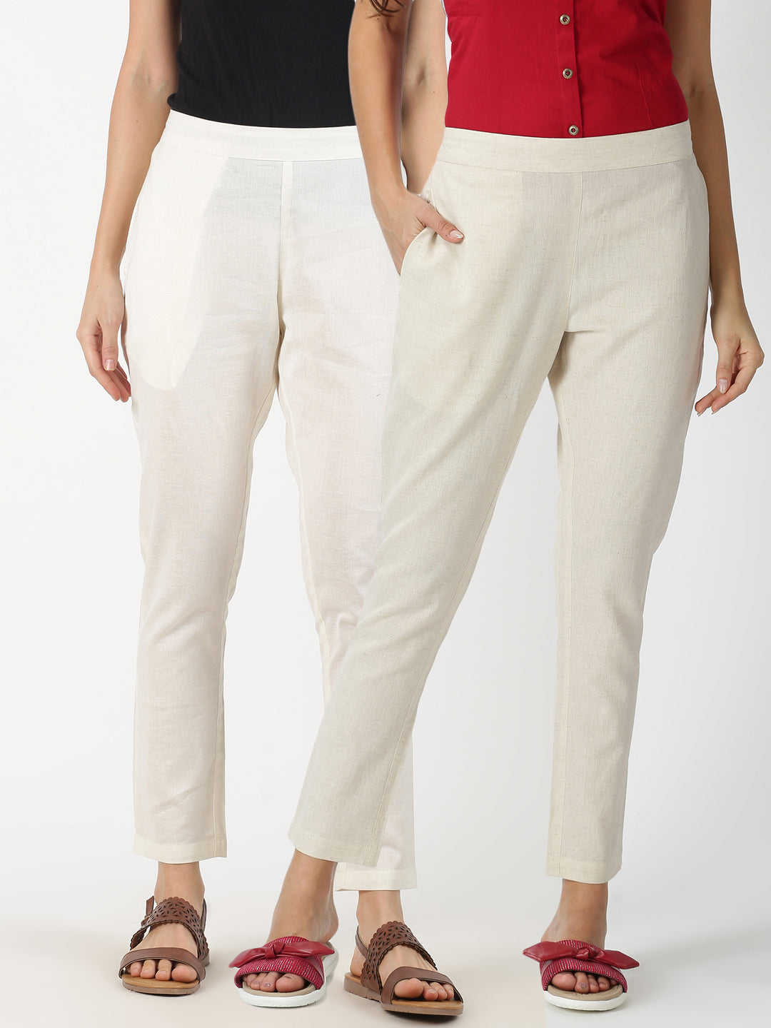 Pack of 2 Off White & Natural Cotton Flax Trousers