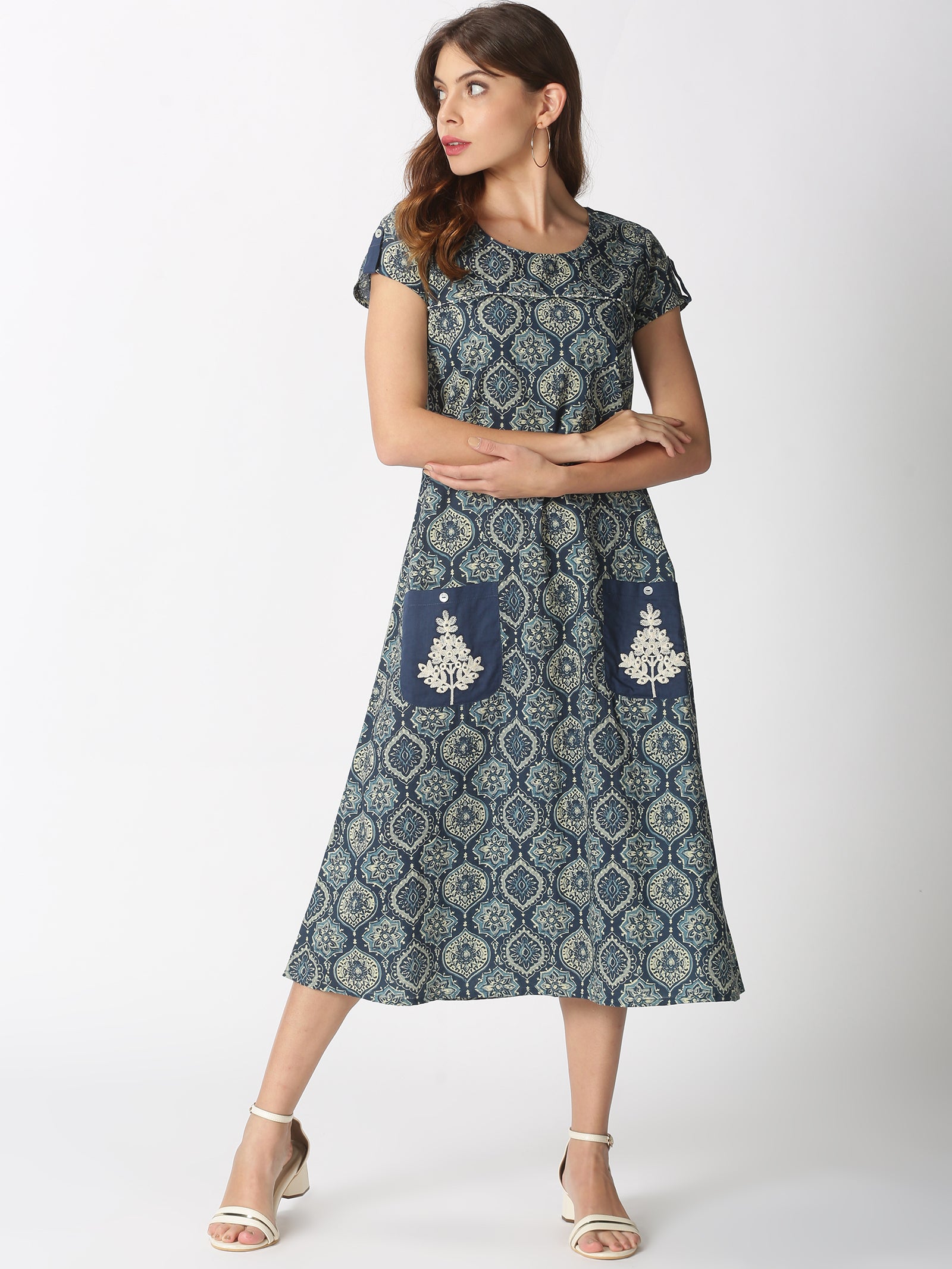 Blue Ethnic Motifs Midi Dress with Embroidered Patch Pockets & Shoulde ...