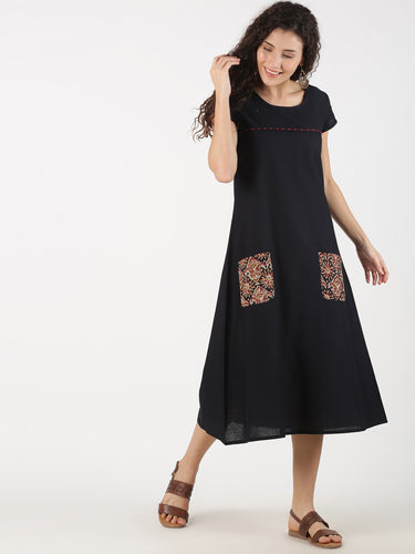 Navy Blue Woven Design Cotton Midi Dress - Saffron Threads