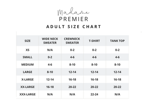 Madame Premier Adult Size Chart