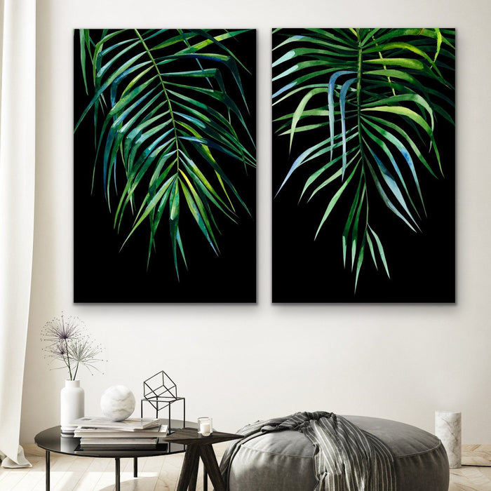 Palms On Black - Two Piece Watercolour Palm Illustrations On Black Background, Wall Art, Ozark Home 