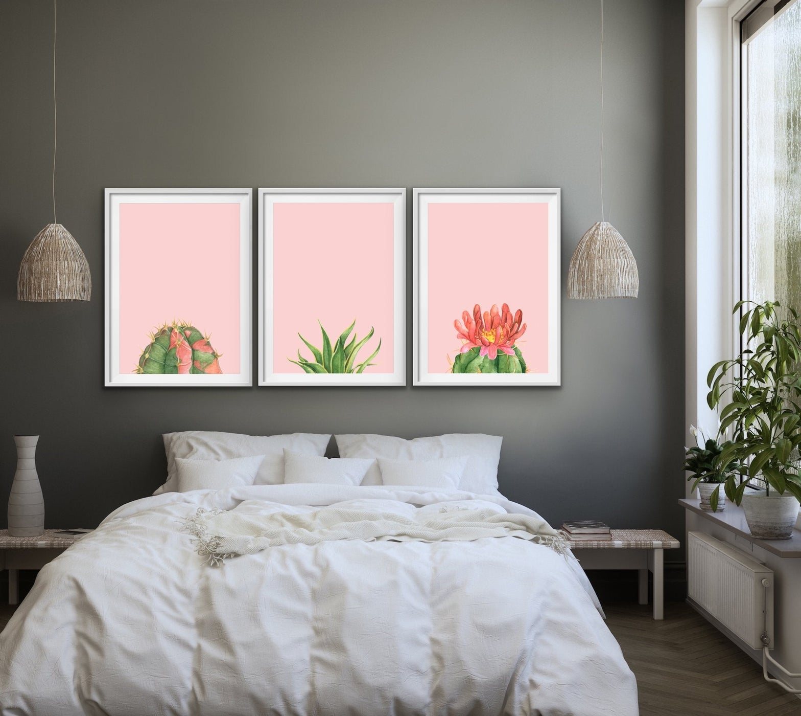 Succulents On Pink - Three Piece Succulent Watercolour Canvas Wall Art