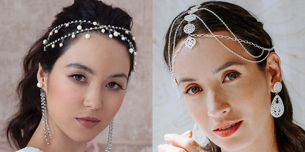Alexi head chain and Erykah headpiece side by side for flowing waves hairstyle