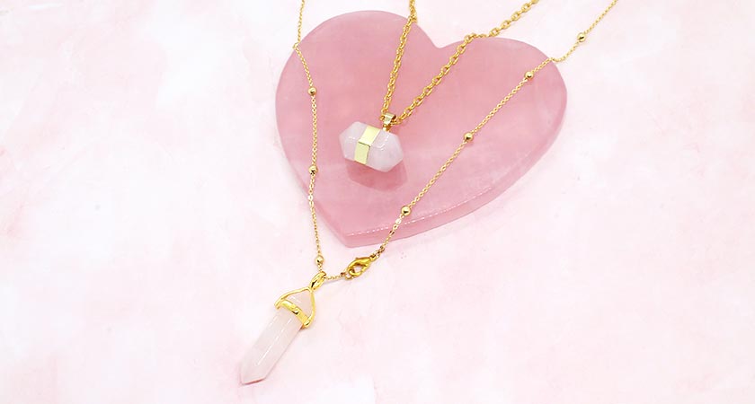 Chakra rose quartz hexagon stone pendant necklace on pink stone heart