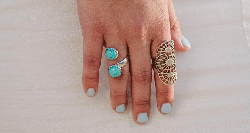 Skye turquoise howlite wrap ring close-up hand