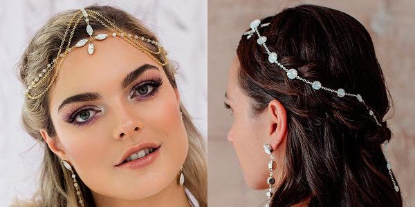 Tallulah bohemian headpiece & Kelsey crystal hair chain for round face