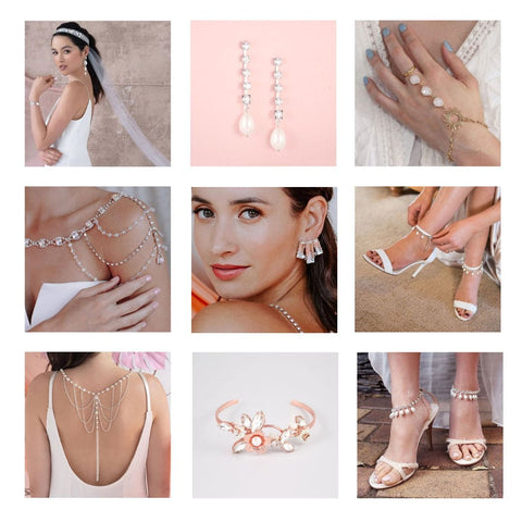 A 9 square collage showcasing Cynthier boho bridal earrings, headpieces, anklets and bracelets