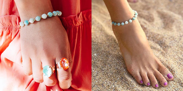 Green and gold Kiana amazonite bracelet worn on right wrist with peach dress; also worn on right ankle at beach