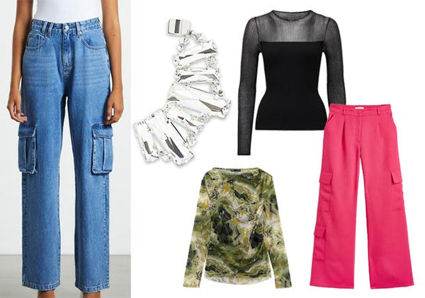 Kara crystal ear climber with casual sheer tops and cargo pants from Insight, Zara, Forever New and H&M