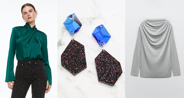 Galaxy earrings with stylish draped neck tops from H&M and Zara