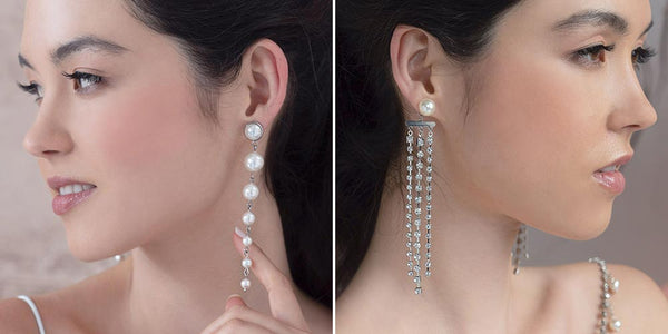 long luxurious pearl and crystal earrings for low v neckline wedding dress