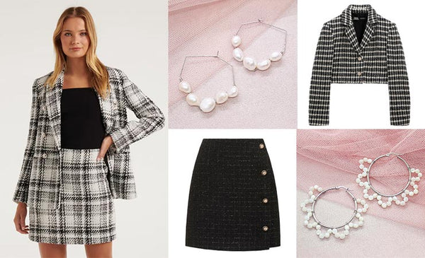 Kygo and Jesy pearl earrings with Forever New boucle jacket and skirt, Zara crop tweed jacket