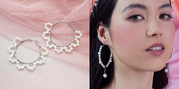 Pearl hoop earrings for lace wedding dresses