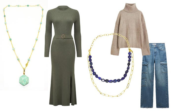 Kiana necklace with a chic knit dress from Forever New and Neomi necklace for casual Winter outfit