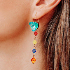 Lissa multi colour crystal earrings turquoise gold close up on left ear