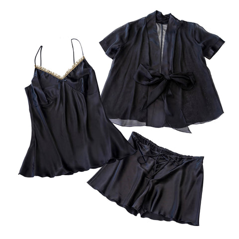 black 3 piece silk pyjama set - shorts cami jacket