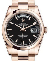 Rolex Day-Date 36 Rose Gold Black Index Dial & Smooth Domed Bezel Oyster Bracelet 118205 - Fresh