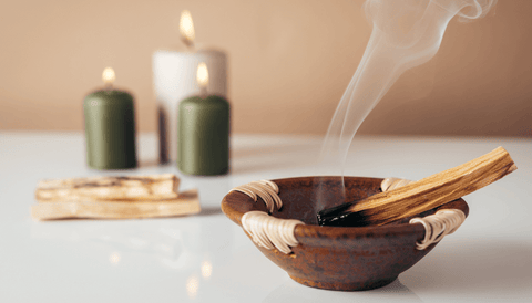 Cuenco con un palito de madera de palo santo encendido dentro