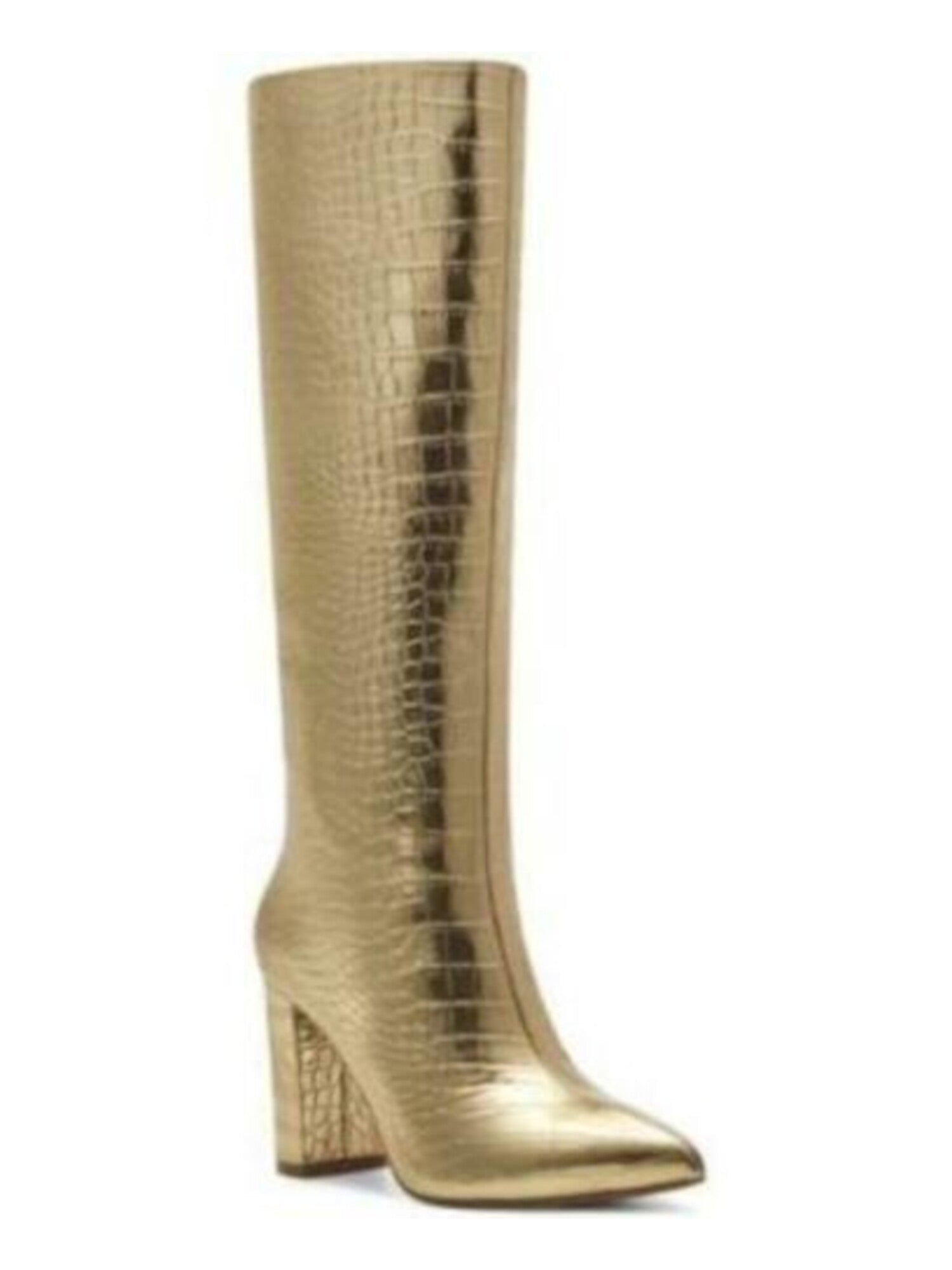 INC Womens Gold Animal Print Pointed Toe Block Heel Zip-Up Dress Heeled Boots M