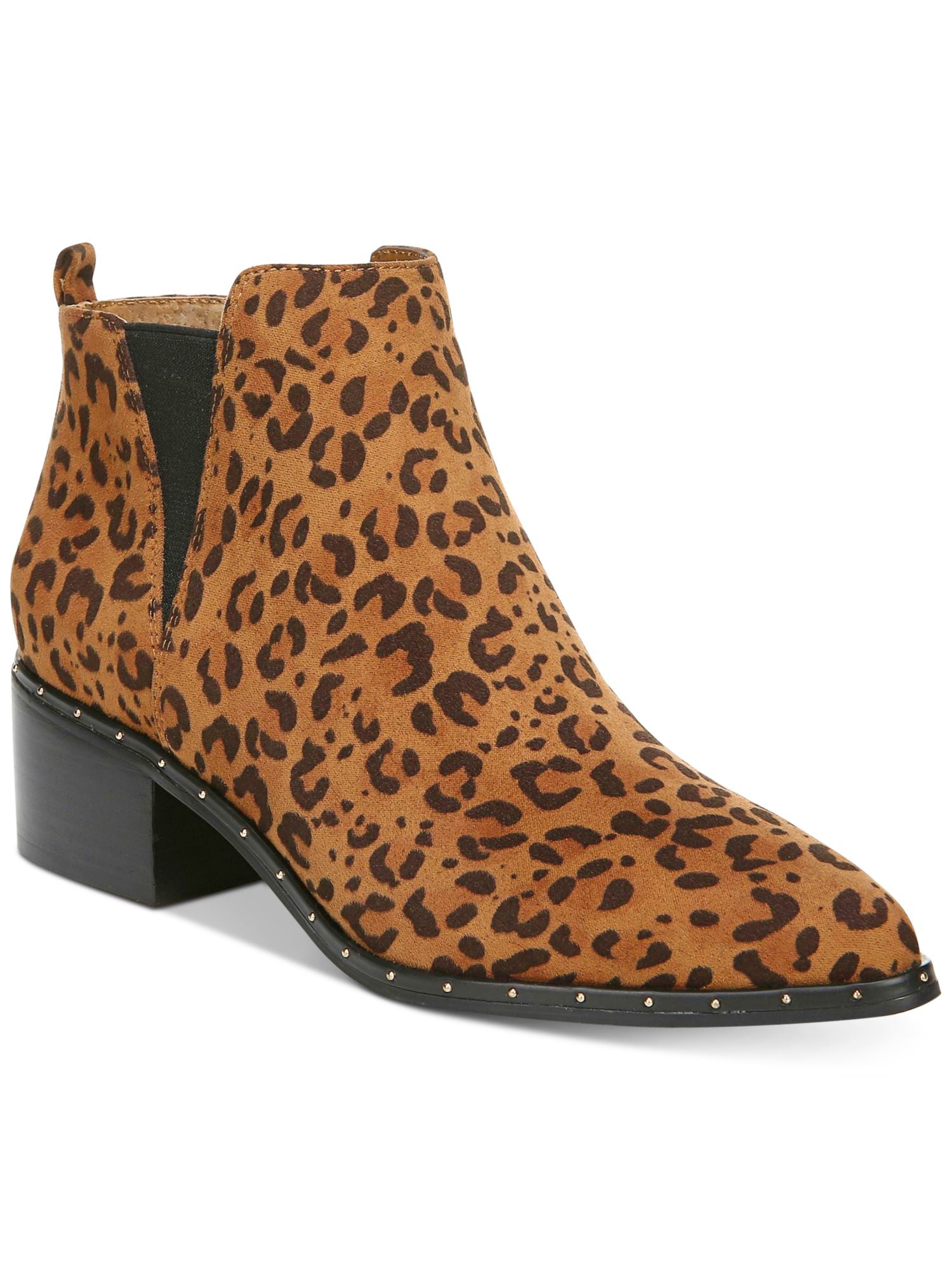 BAR III Womens Brown Leopard Print Back Pull Loop Studded Stretch Gabby Almond Toe Block Heel Slip On Booties M