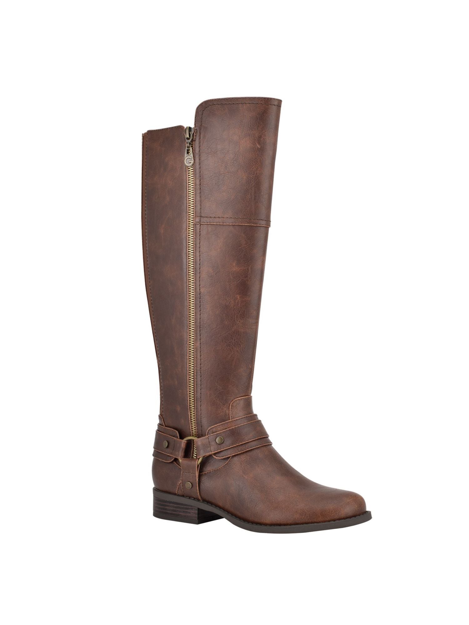 GBG Womens Brown Flex Gore Back Accents Gold-Tone Hardware Accent Zipper Accent Buckle Accent Harlea Round Toe Block Heel Zip-Up Riding Boot