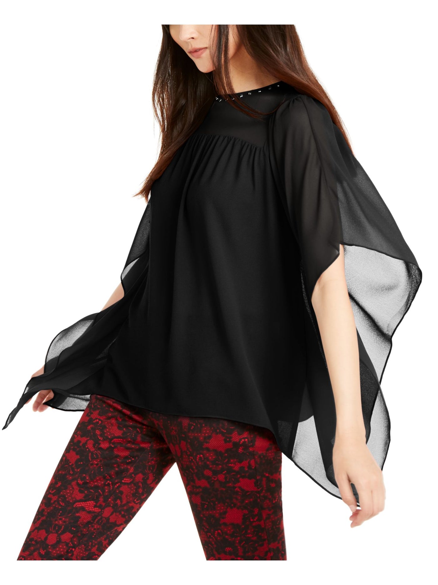 MICHAEL KORS Womens Black Embellished Sheer Bell Sleeve Jewel Neck Top –  Bobbi + Bricka