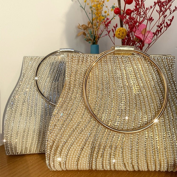 MTLEE gold luxury heart shaped tassel rhinestone evening clutch