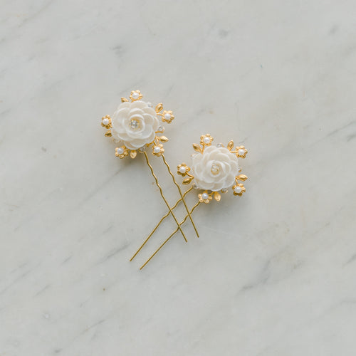 LilaSilkCo Gracia | Bridal Hair Pins | Gold Bridal Hair Pins | Clay Flower Headpiece | Pearl Bridal Hair Pins | Floral Hair Piece