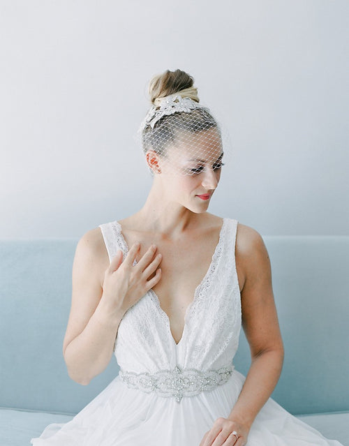 Nestina Birdcage Headband Veil with Pearls and Crystal beading-SOLEIL Style 21028 Ivory