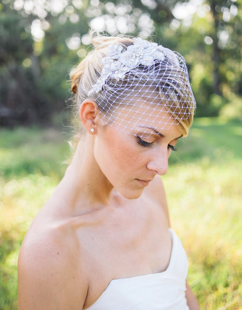 Nestina Birdcage Headband Veil with Pearls and Crystal beading-SOLEIL Style 21028 Ivory