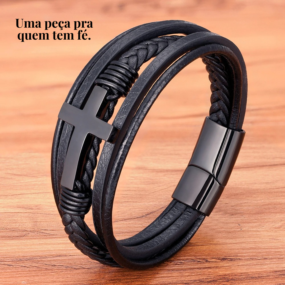 Pulseira masculina couro e aço