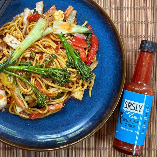 Keto sweet chilli sauce drizzled over a low carb stir fry