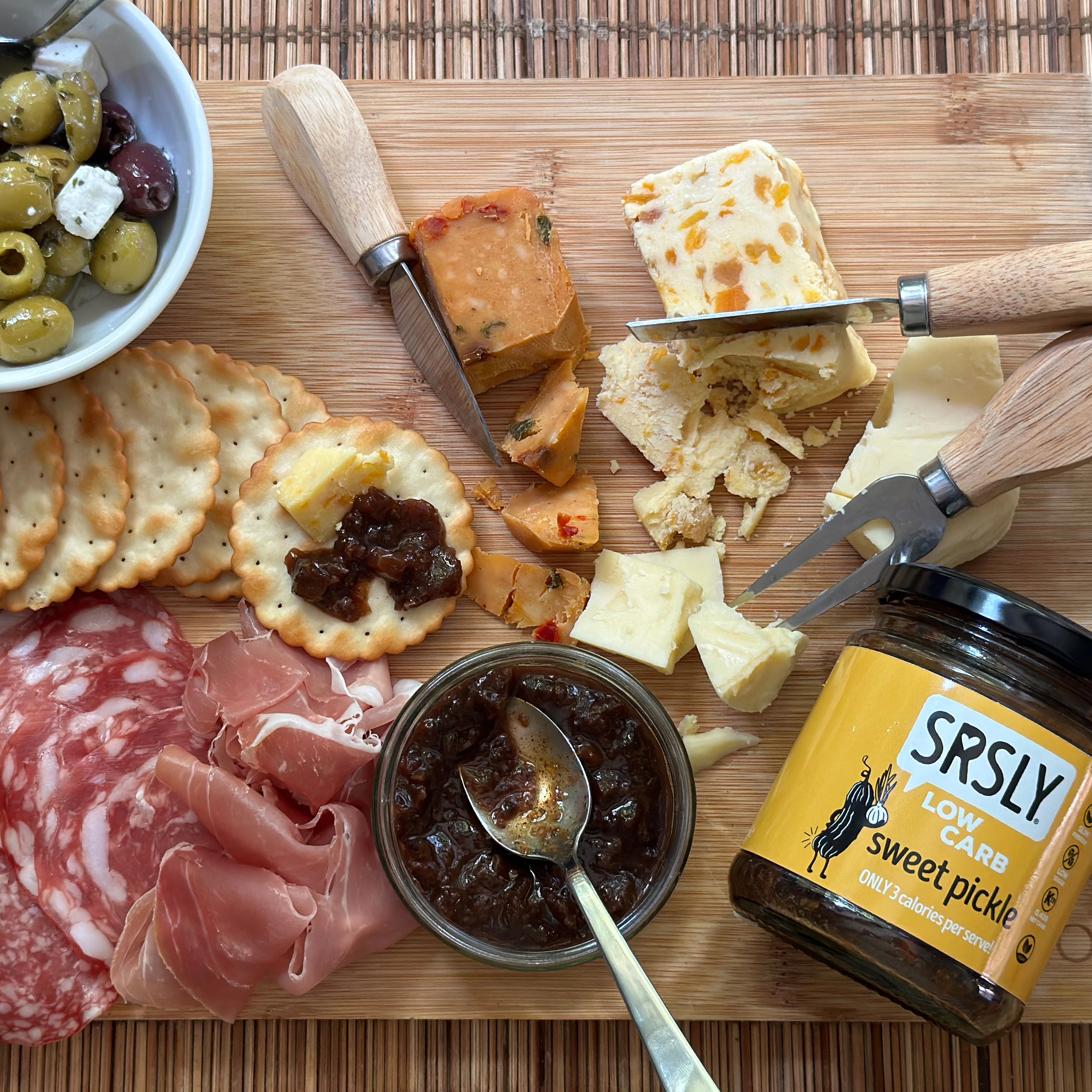 Low carb cheese board with diabetic friendly sweet pickle